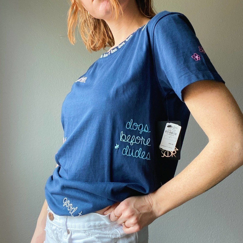 NWT Chaser Blue Diary Embroidered Crewneck Tee - Picture 2 of 8